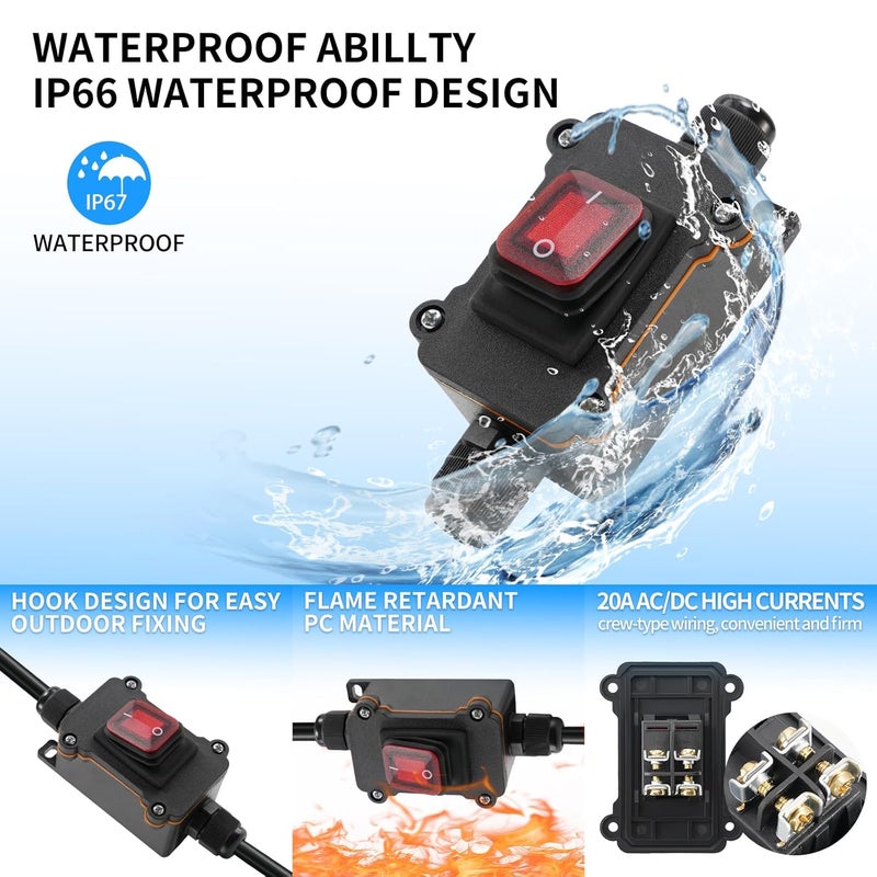 Tevacohn Heavy Duty Inline Power Switch AC 110V/250V, IP67 Waterproof ON/Off Switch with Red Indicator Light for Home Appliances, Tools, Pumps, Outdoor Lighting（Two Side） - Image 3